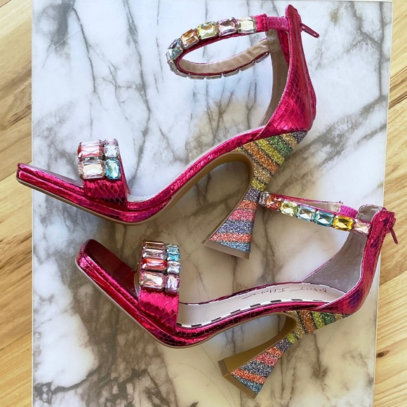 NEW BETSEY JOHNSON Emani Jewel Embellished Rainbow Colors Glitter Heels SandalS - Picture 7 of 11
